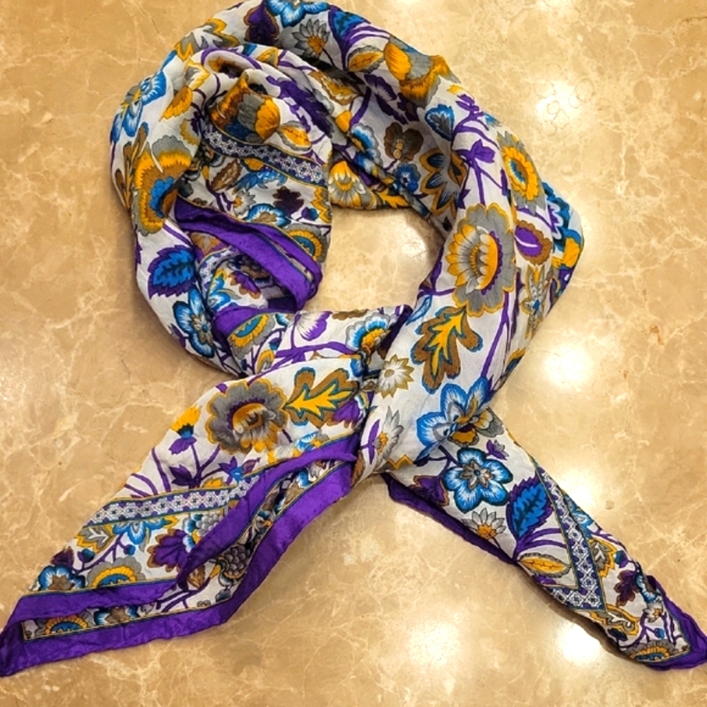 Vibrant Floral 100% Silk Scarf with Purple,  Blue and Yellow Accents